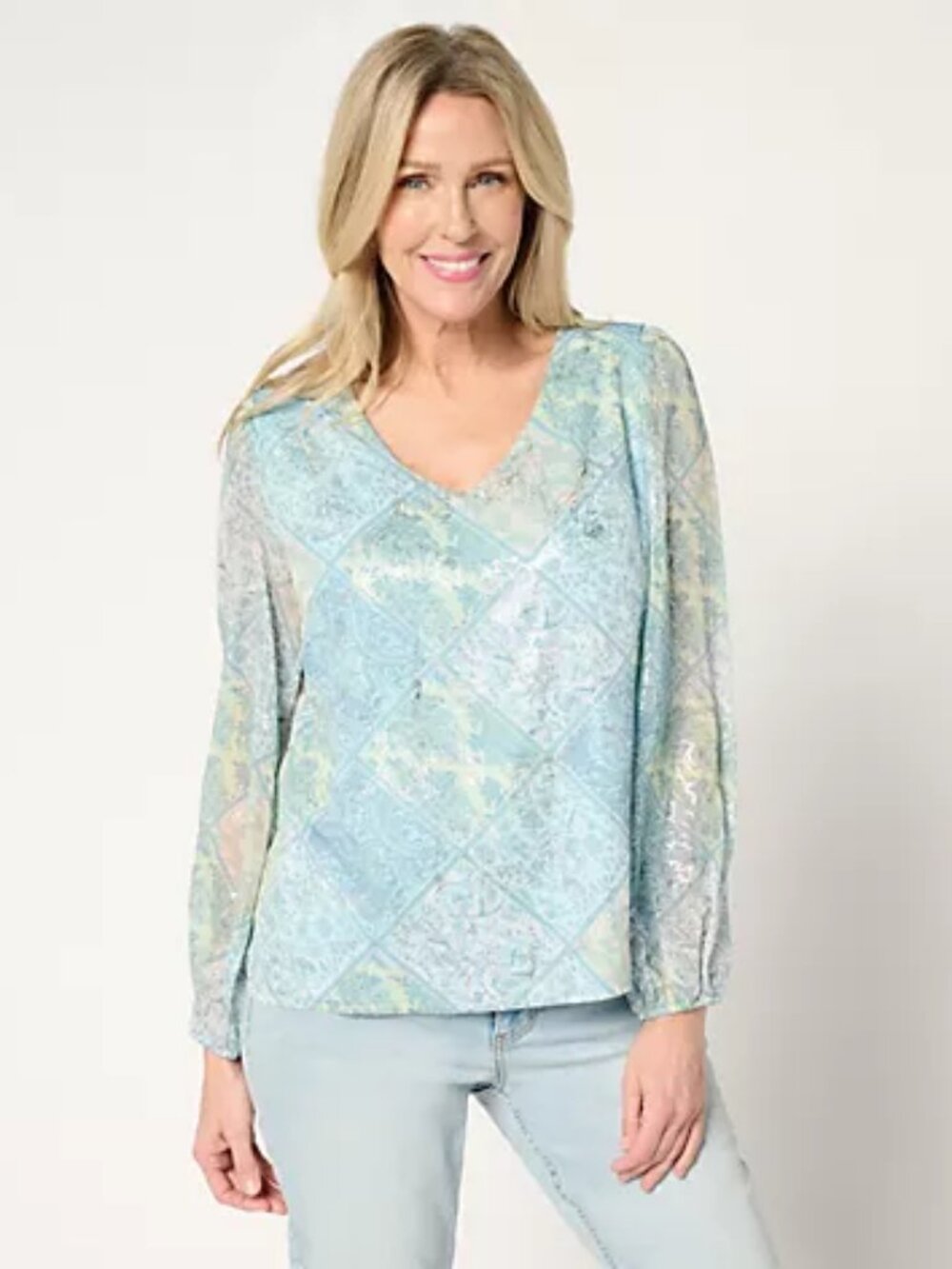 Studio Park x Rosina Grosso Foil Printed Chiffon Blouse, Blue Sz XL a688866